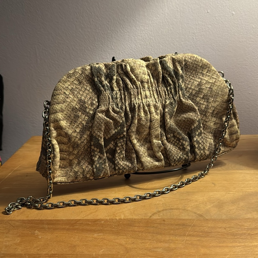 Henri Bendel Cream and Brown Clutch with Exotic Snake Print